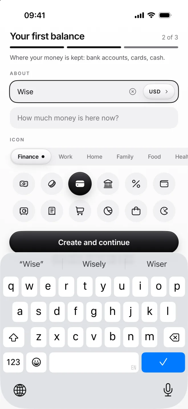 Step 2 of 3, Your first balance: the name Wise in US dollars with the card icon, and the field How much money is here now