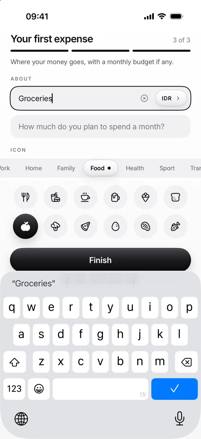 Step 3 of 3, Your first expense: the name Groceries in Indonesian rupiah with the apple icon from Food, a monthly budget field and Finish