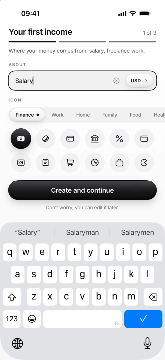 Step 1 of 3, Your first income: the name Salary in US dollars, a row of icons and Create and continue