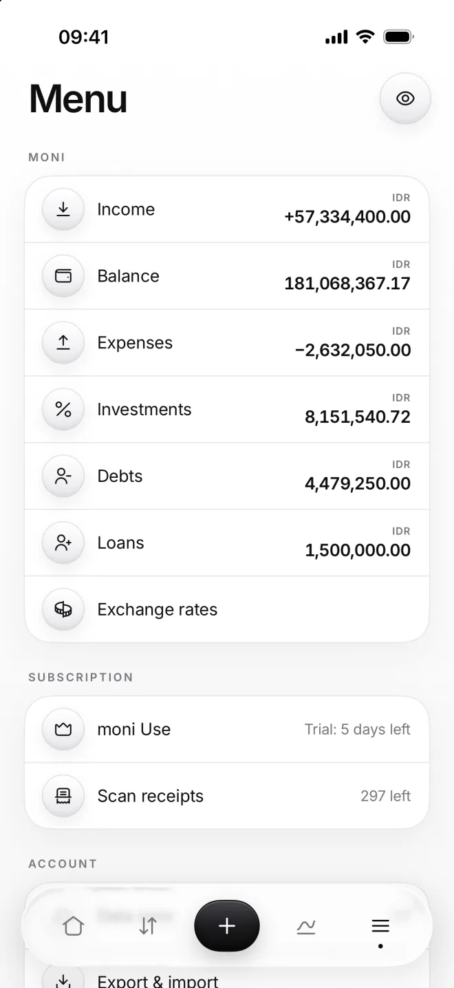 Menu on October 15: the sections with their totals, Exchange rates, and moni Use with 5 days of its free trial left