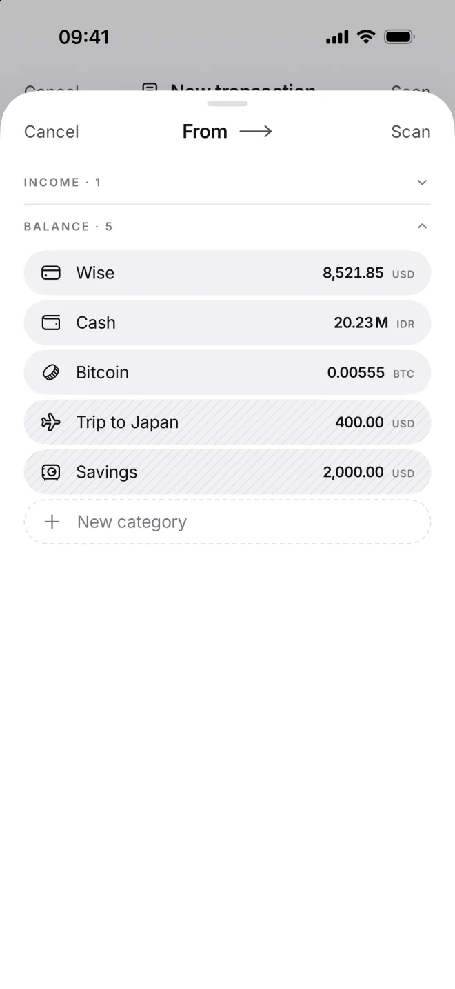 New transaction asking From: the Income and Balance sections with their categories