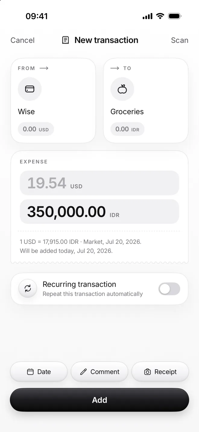 New transaction from Wise to Groceries: an expense of 350,000 rupiahs, 19.55 US dollars at the day’s rate