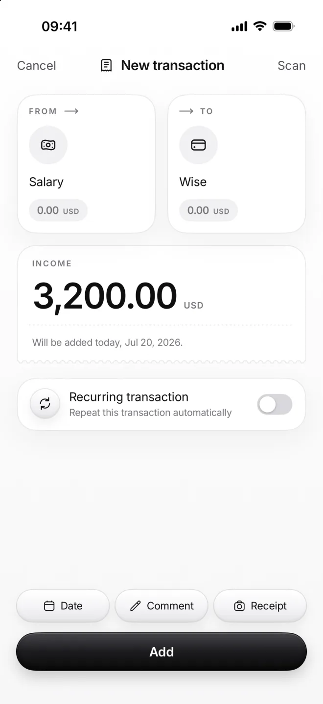 New transaction from Salary to Wise: income of 3,200.00 US dollars