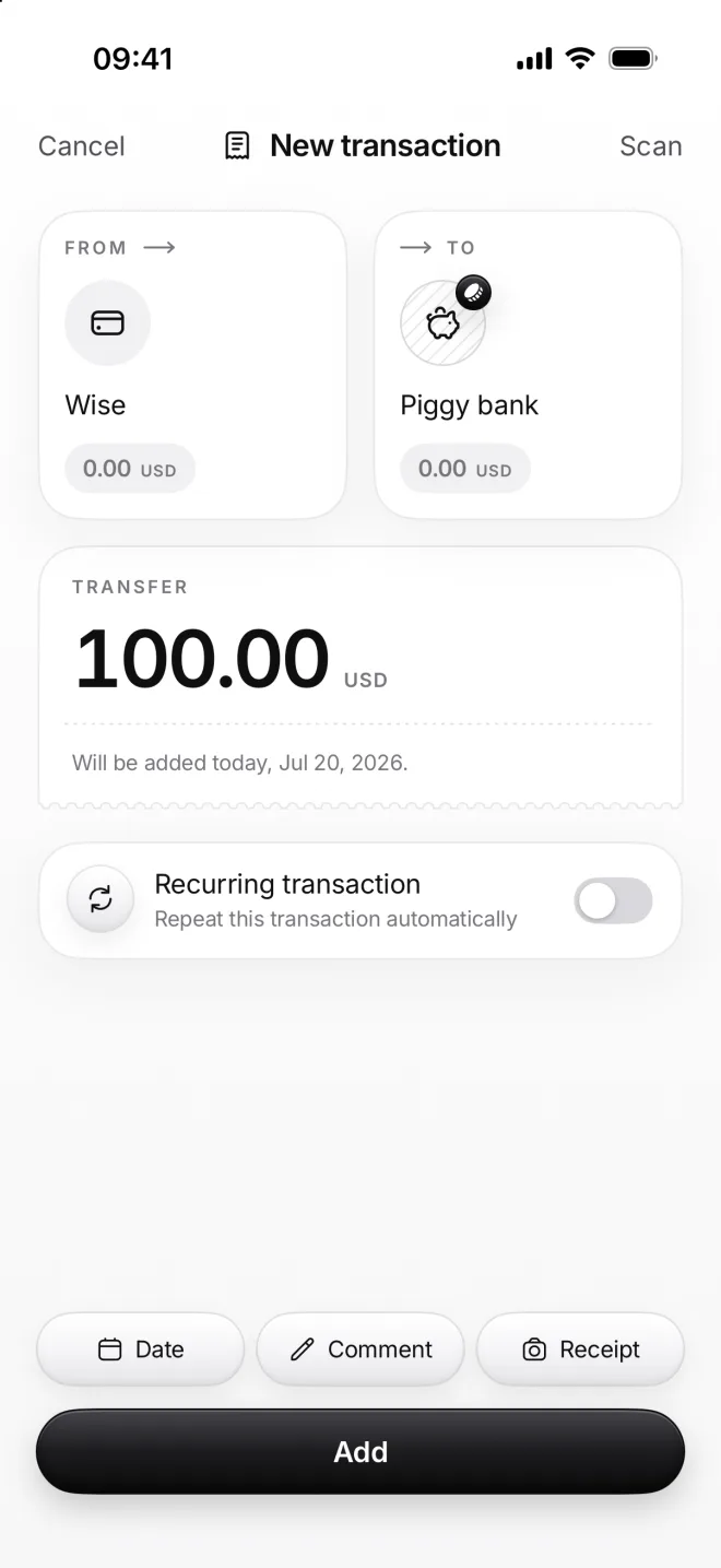 New transaction from Wise to Piggy bank: a transfer of 100.00 US dollars