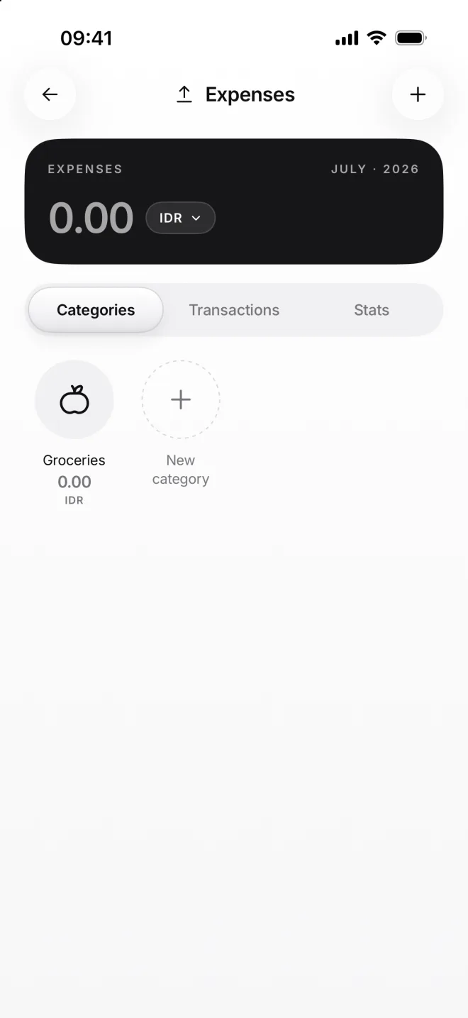 The Expenses page with Groceries and the New category tile