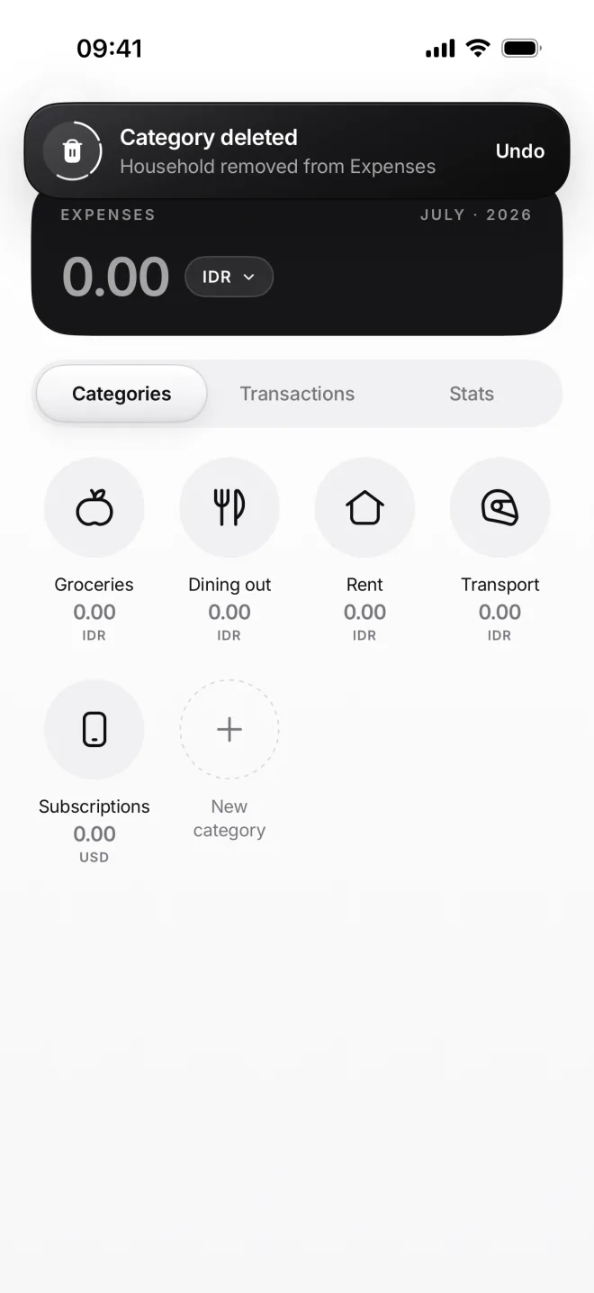 Category deleted, Household removed from Expenses, with Undo