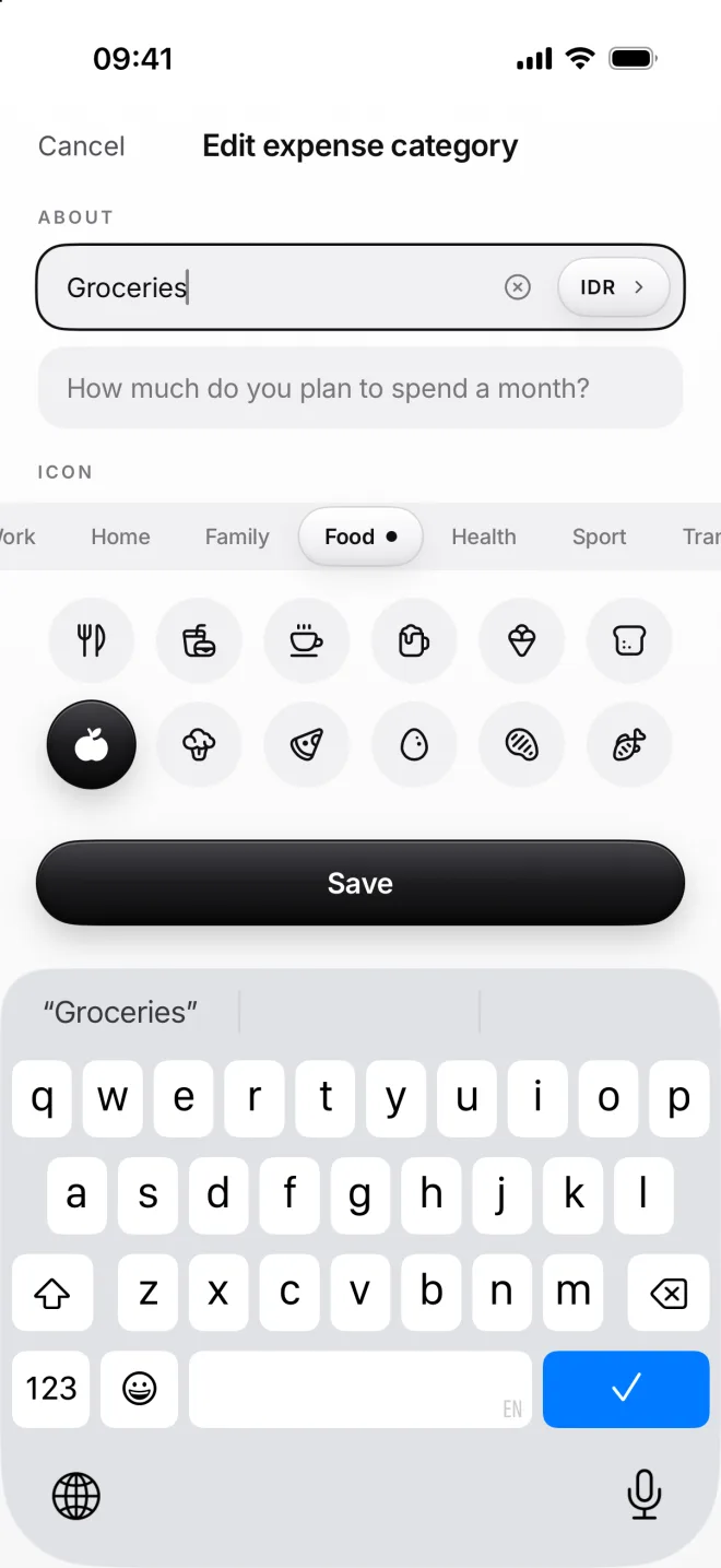 Edit expense category for Groceries: its name, rupiahs, the budget field and the apple icon