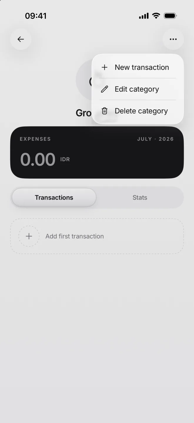 The Groceries page with its menu open: New transaction, Edit category and Delete category