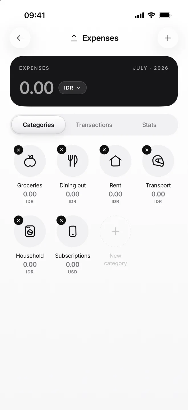 The Expenses tiles jiggling, each with a cross: Groceries, Dining out, Rent, Transport, Household and Subscriptions