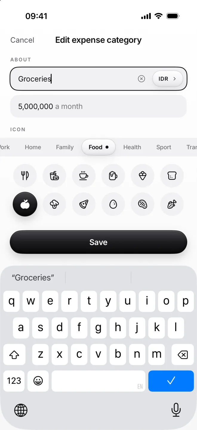 Edit expense category for Groceries with a budget of 5,000,000 a month