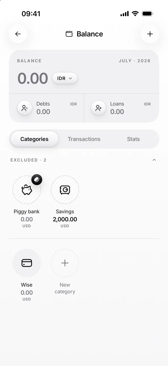 The Balance page: the Excluded group with Piggy bank and Savings at 2,000.00 dollars, and Wise below