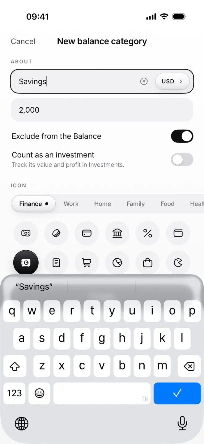 New balance category Savings in US dollars with 2,000 and Exclude from the Balance turned on