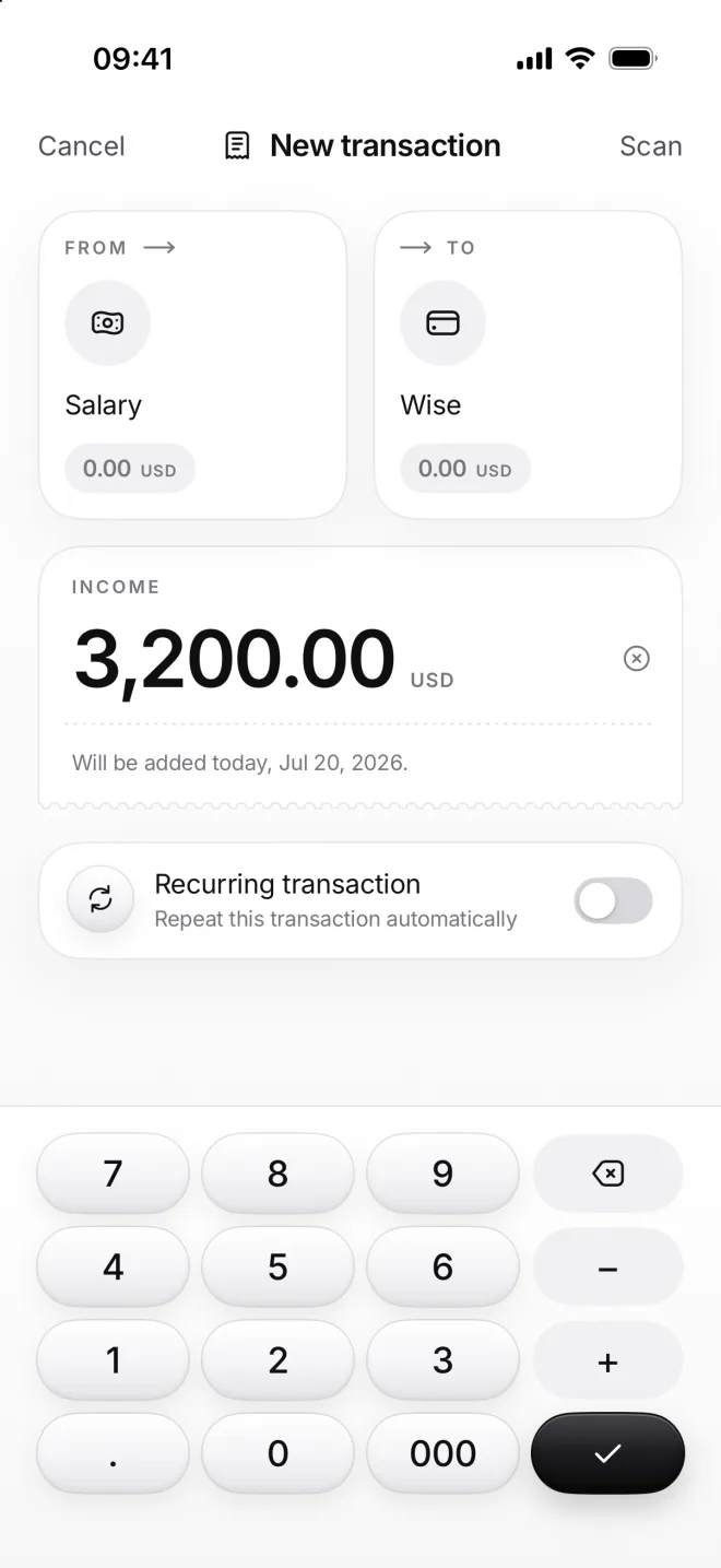 New transaction from Salary to Wise: income of 3,200.00 US dollars typed on moni’s calculator