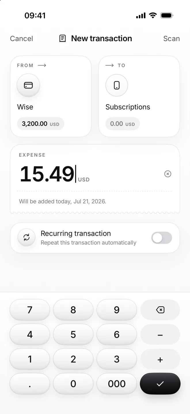 New transaction from Wise to Subscriptions: an expense of 15.49 US dollars on moni’s calculator