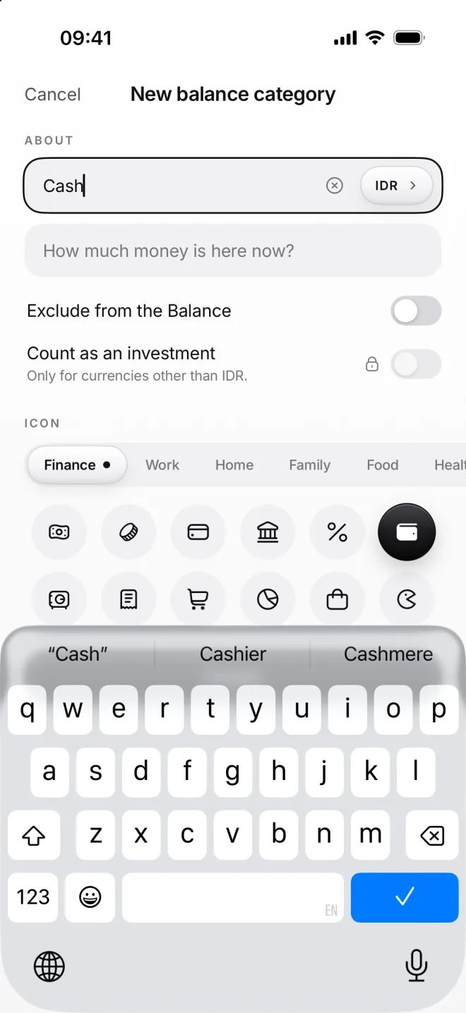 New balance category Cash in rupiahs with the wallet icon