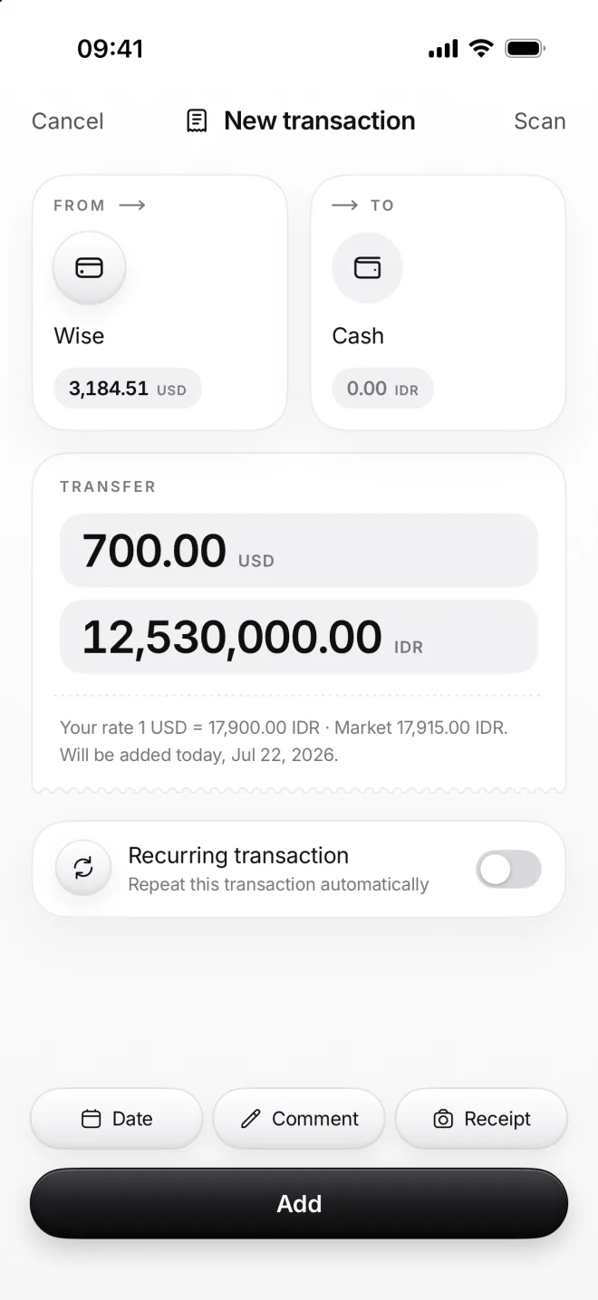 New transaction from Wise to Cash: a transfer of 700.00 dollars and 12,530,000 rupiahs, with your rate
