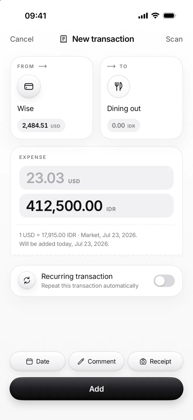 New transaction from Wise to Dining out: 412,500 rupiahs typed and 23.04 dollars in grey at the day’s rate