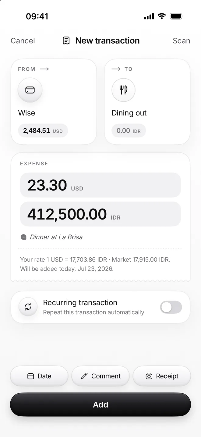 The same expense with both amounts typed, 23.30 dollars and 412,500 rupiahs, Your rate next to the market rate