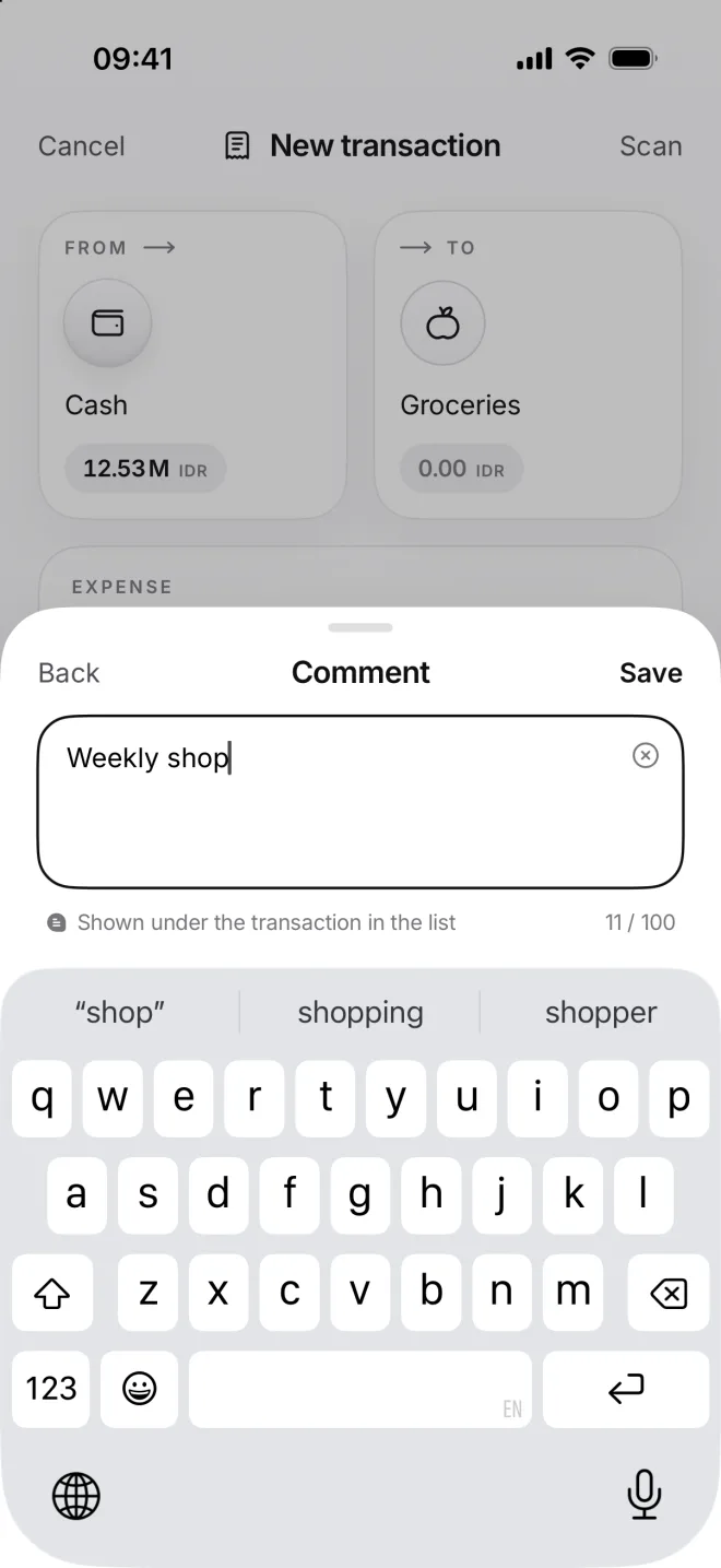 The Comment sheet with Weekly shop typed, 11 of 100 characters
