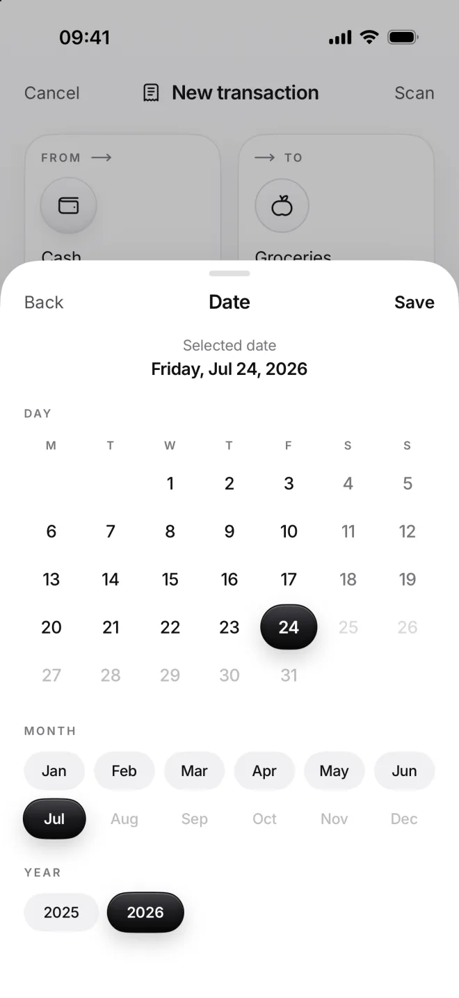 The Date sheet over a new transaction from Cash to Groceries, with Friday, July 24, 2026 selected