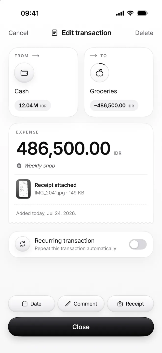 Edit transaction for Groceries: 486,500.00 rupiahs, Weekly shop and Receipt attached