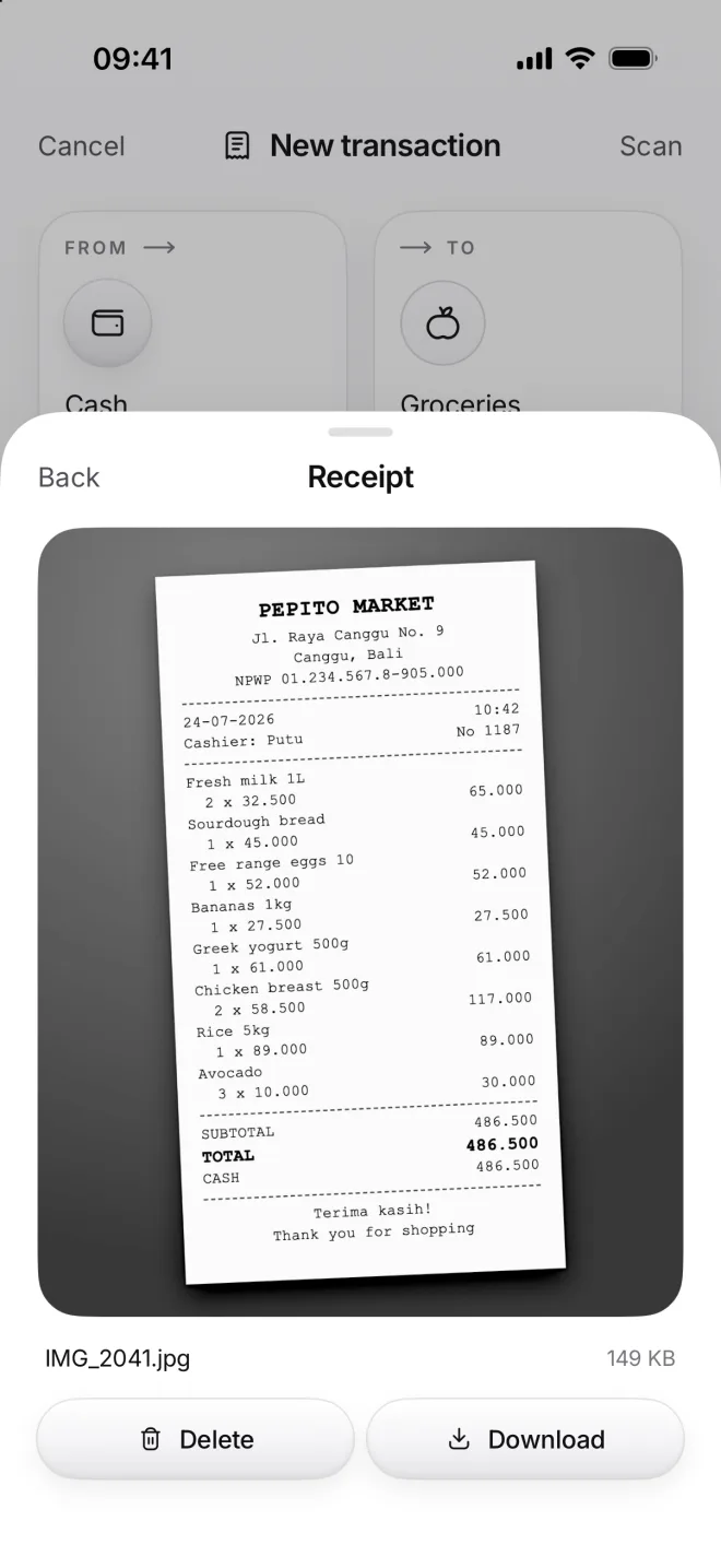 The Receipt sheet with a photo of the Pepito Market receipt, Delete and Download