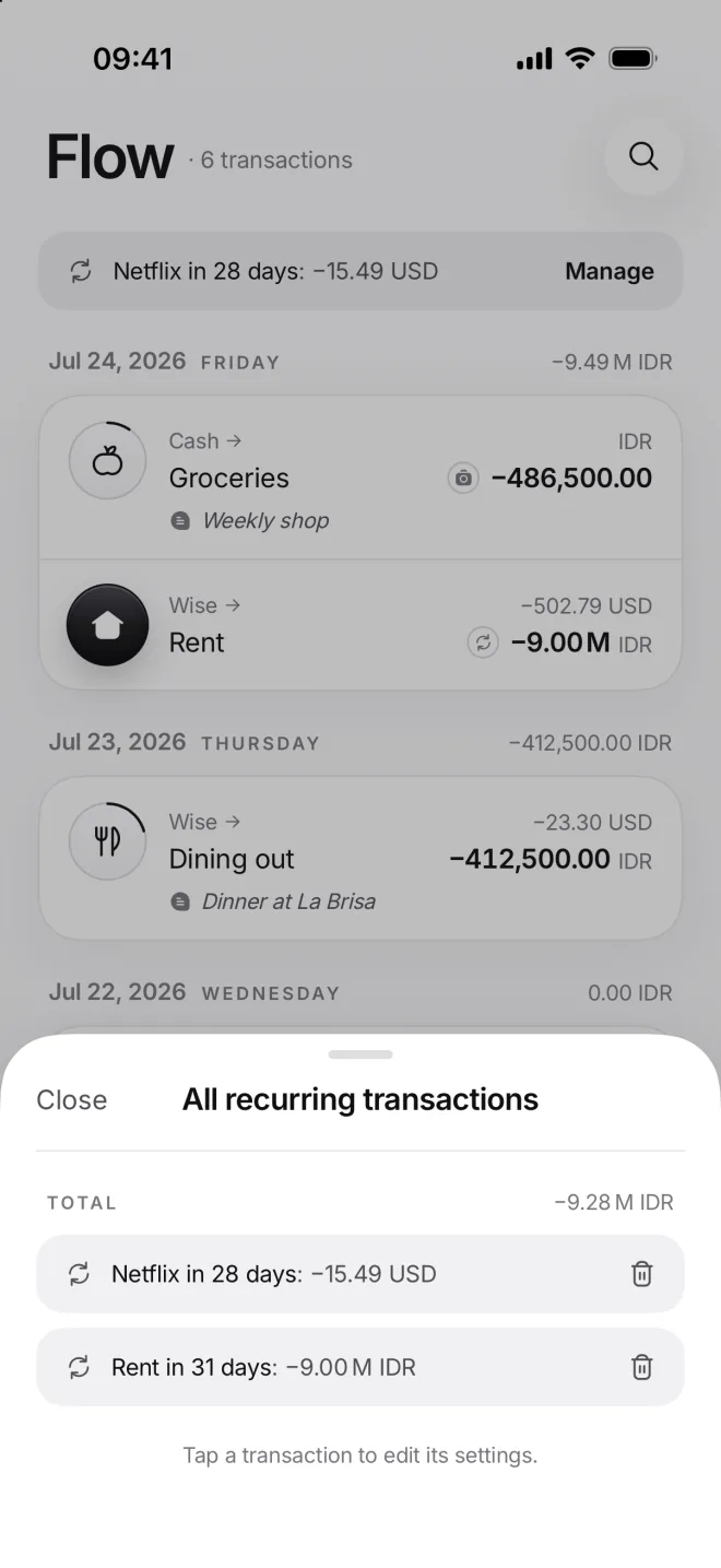 All recurring transactions: Netflix in 28 days and Rent in 31 days, with their total