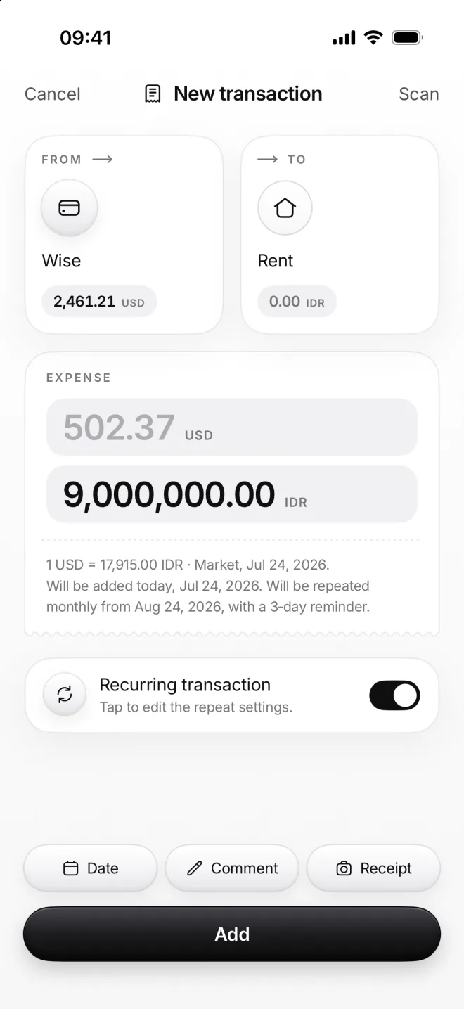 New transaction from Wise to Rent, 9,000,000 rupiahs, that will repeat monthly from August 24 with a 3-day reminder
