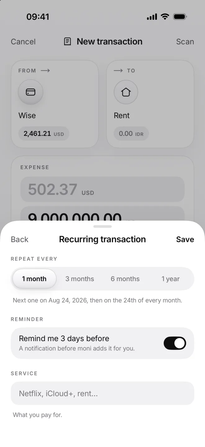 The Recurring transaction sheet: every month, the next one on August 24, a reminder 3 days before and Service