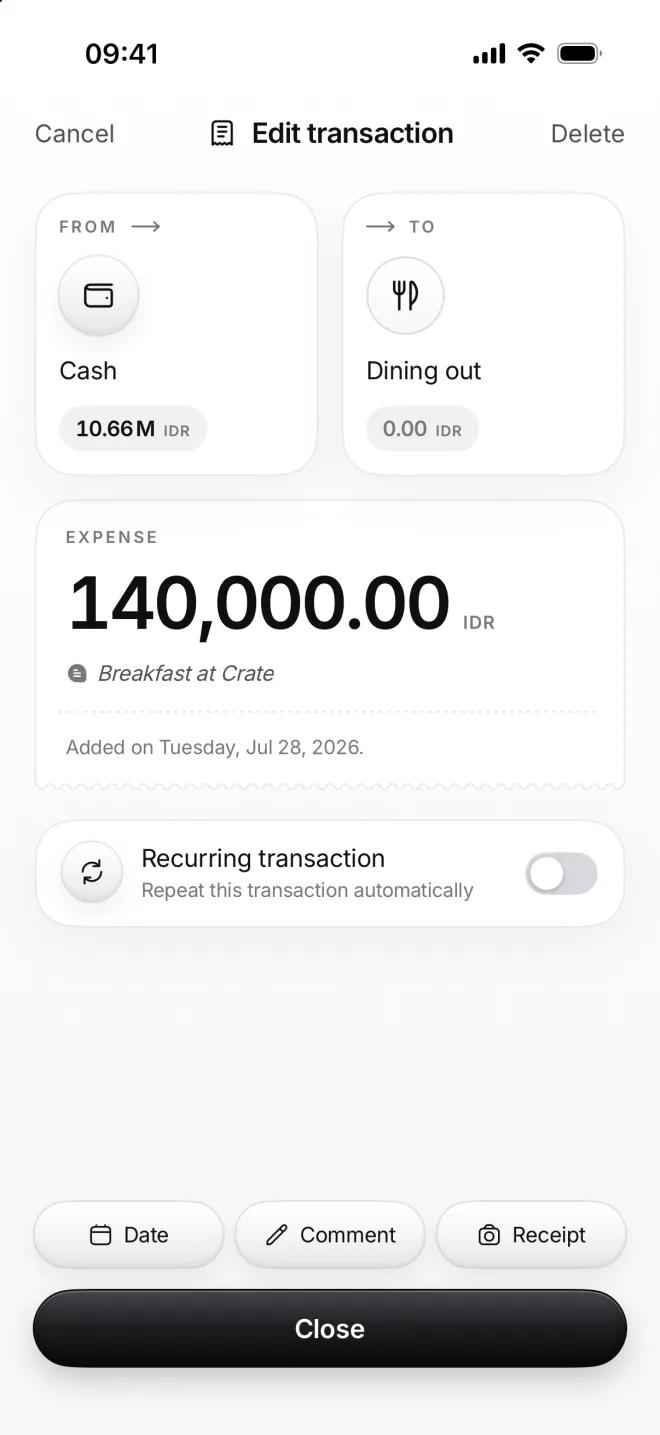 Edit transaction from Cash to Dining out, 140,000.00 rupiahs, Breakfast at Crate, with Close