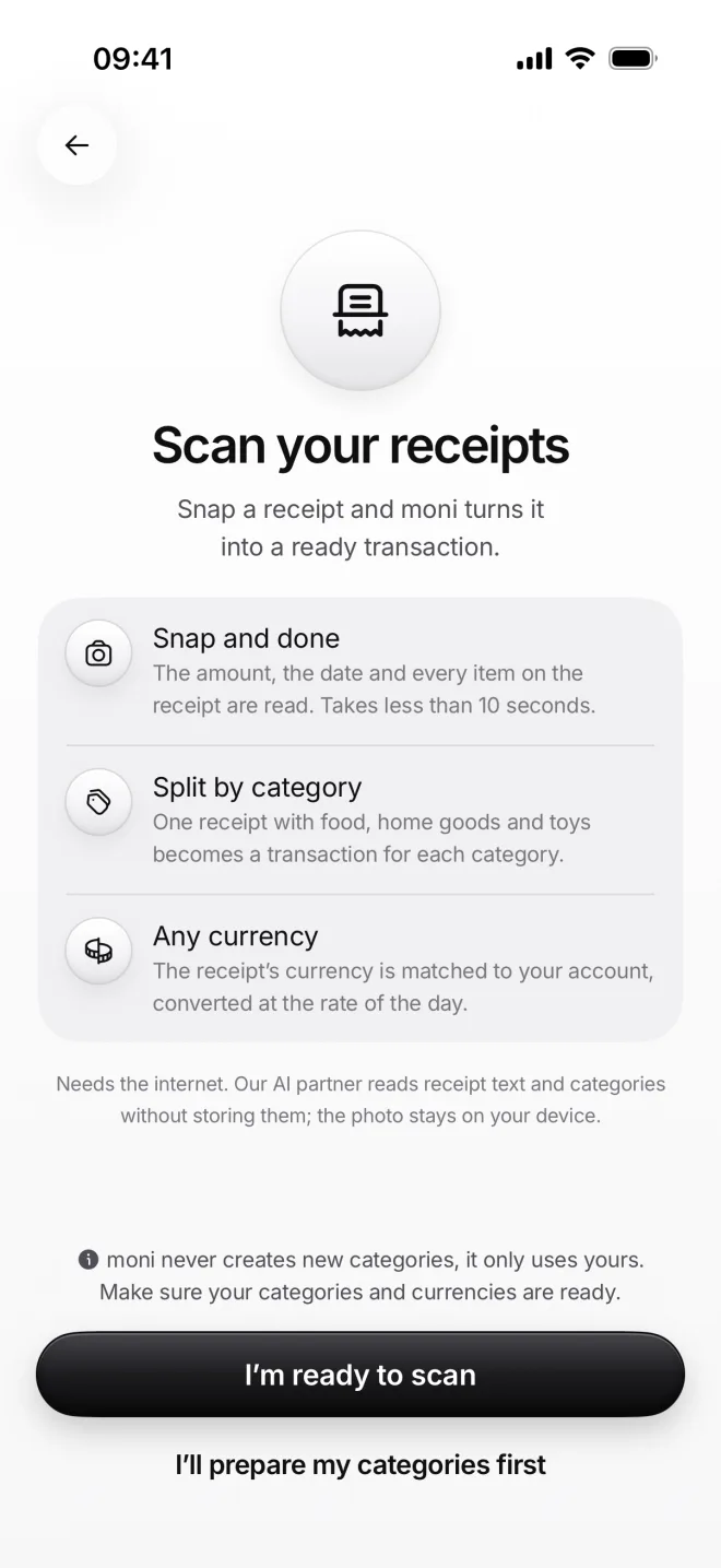 Scan your receipts: what moni reads, how it splits a receipt and converts its currency, I’m ready to scan