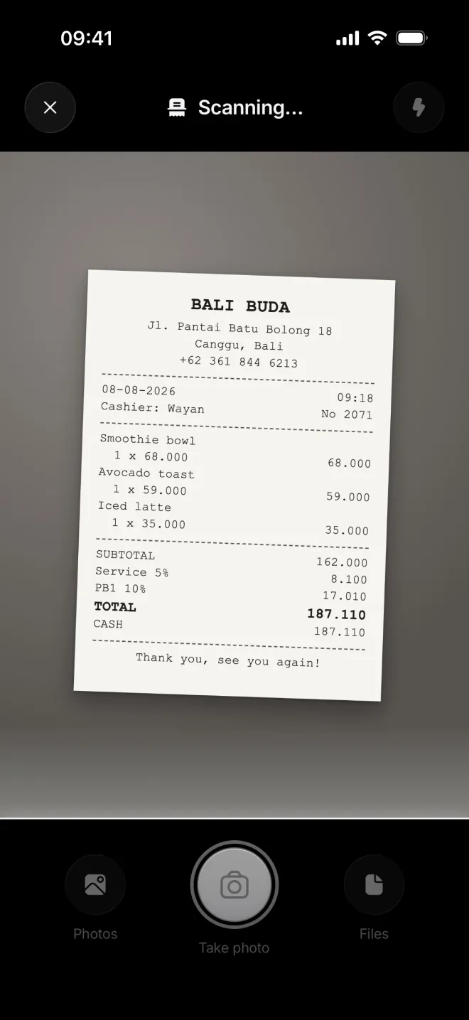 The scanner reading a photo of a Bali Buda receipt