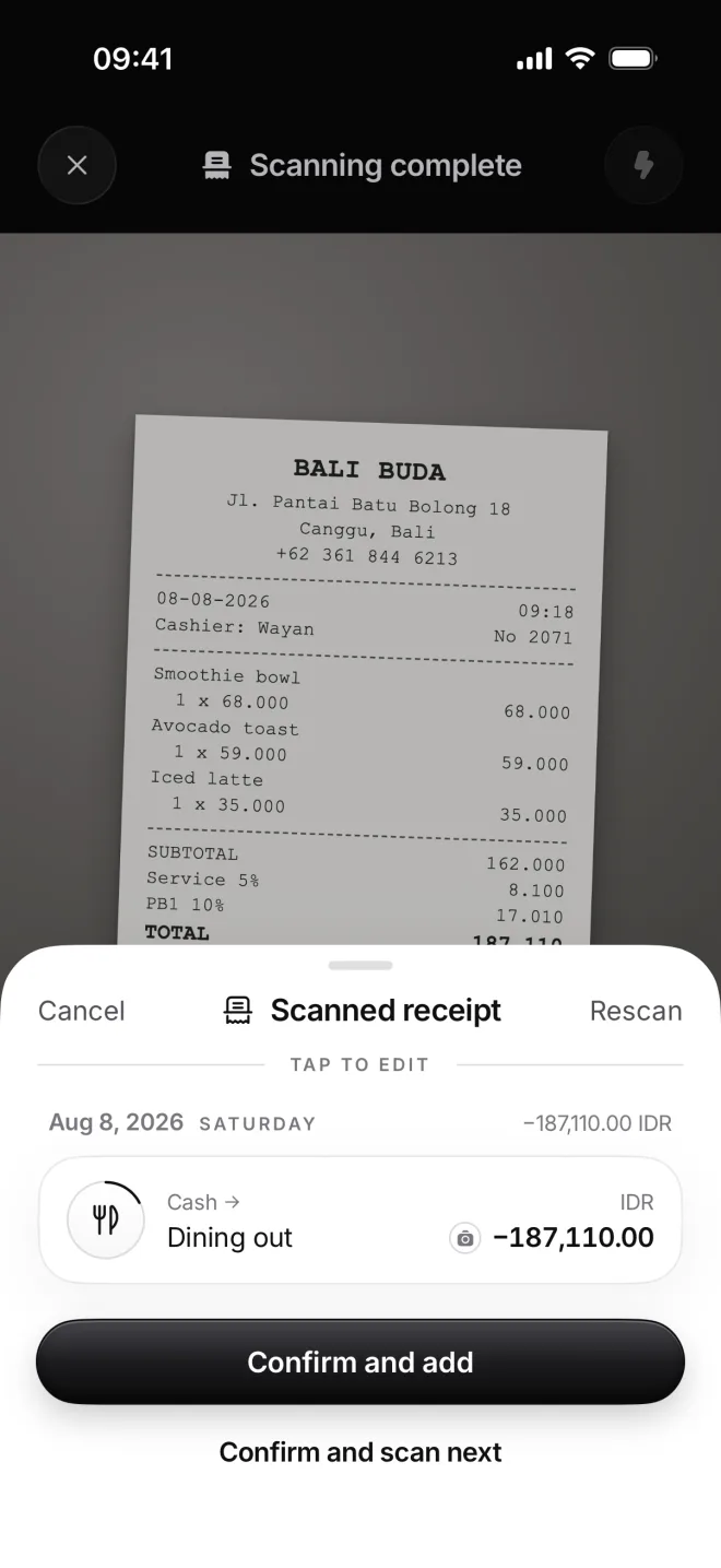Scanned receipt: August 8, from Cash to Dining out, −187,110.00 rupiahs, Confirm and add