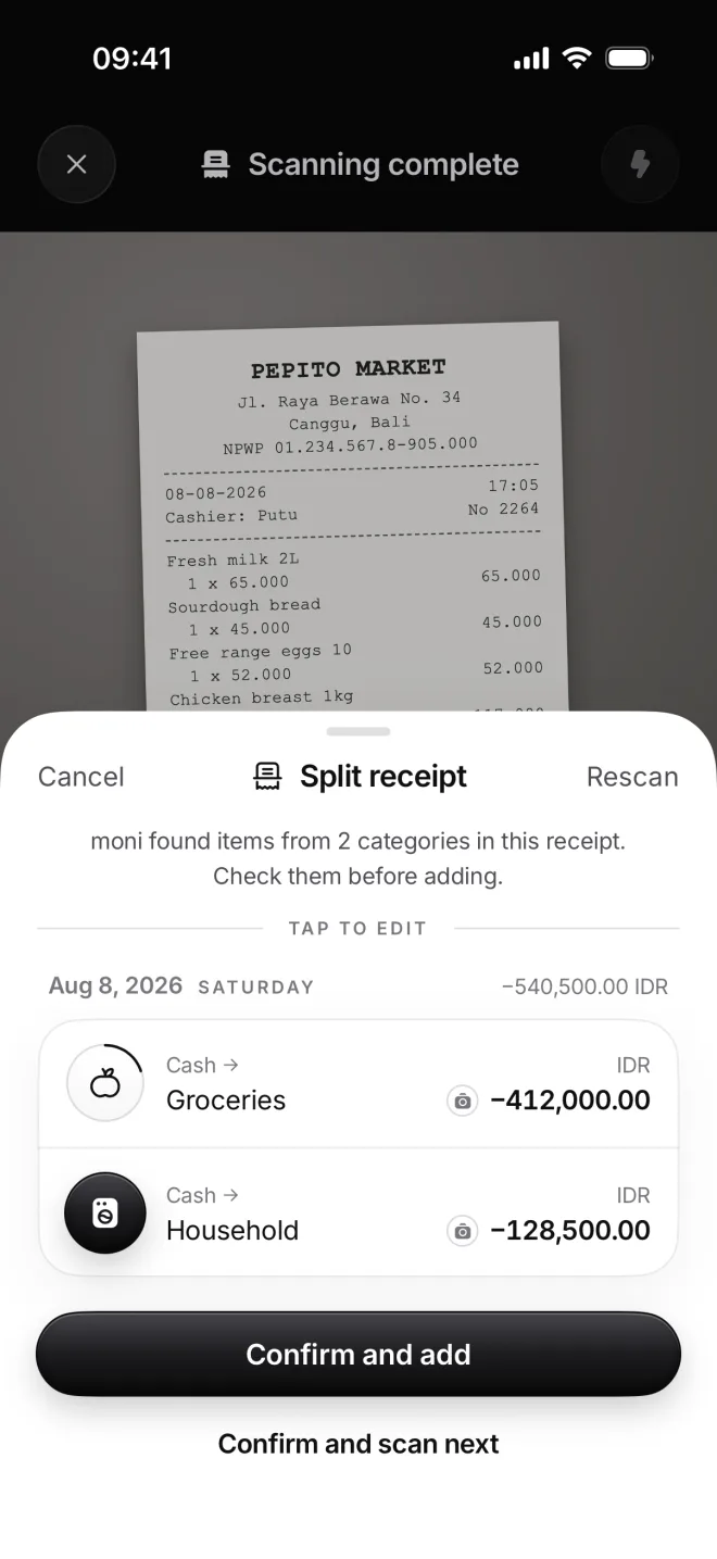 Split receipt from Pepito Market: Groceries −412,000.00 and Household −128,500.00 rupiahs, both from Cash