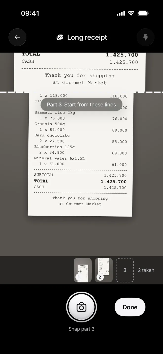 Long receipt with two parts taken, Part 3 · Start from these lines, the shutter and Done