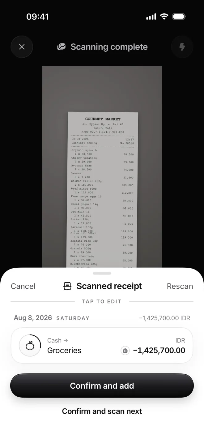 Scanned receipt from the joined parts: from Cash to Groceries, −1,425,700.00 rupiahs