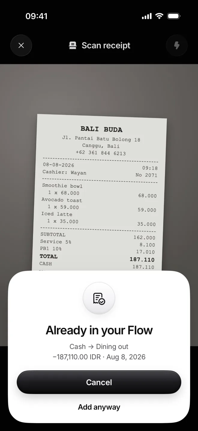 Already in your Flow: Cash to Dining out, −187,110.00 IDR on August 8, with Cancel and Add anyway