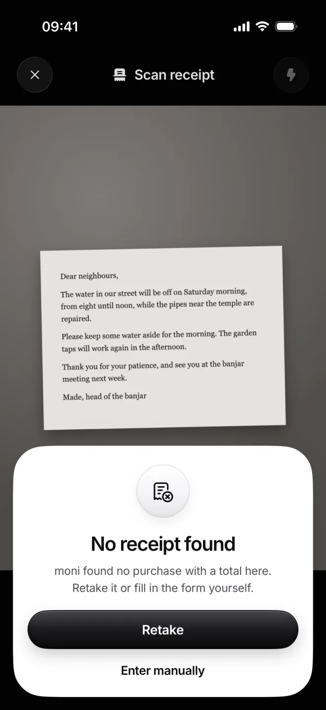 No receipt found over a photo of a letter, with Retake and Enter manually