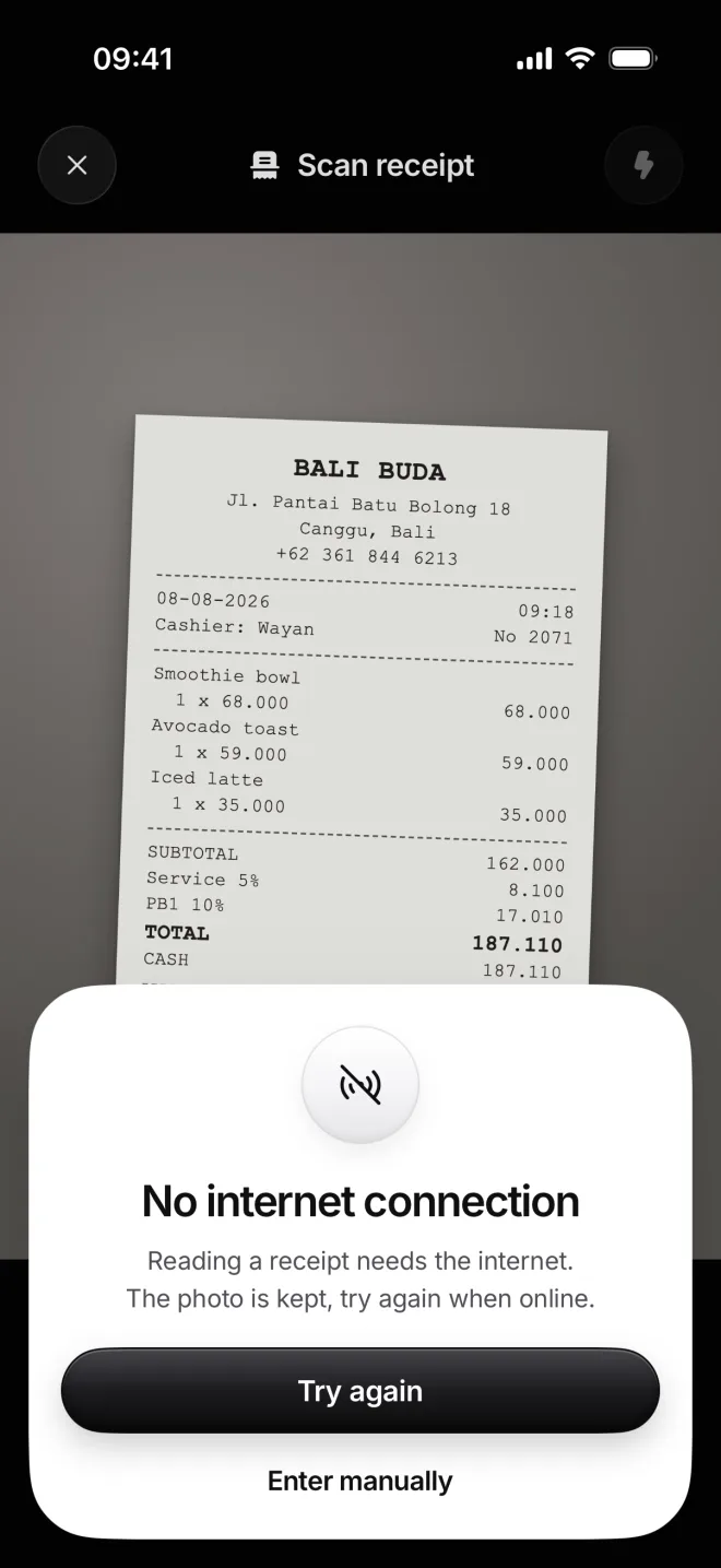 No internet connection: reading a receipt needs the internet, with Try again and Enter manually