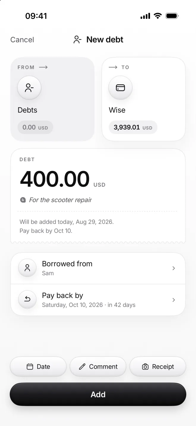 New debt from Debts to Wise: 400.00 US dollars, borrowed from Sam, pay back by October 10