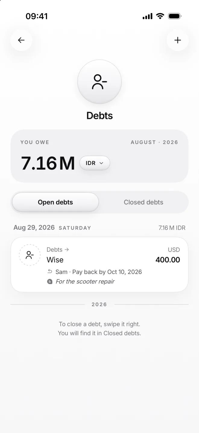 The Debts page: you owe 7.16 million rupiahs, Sam’s 400.00 dollars to pay back by October 10