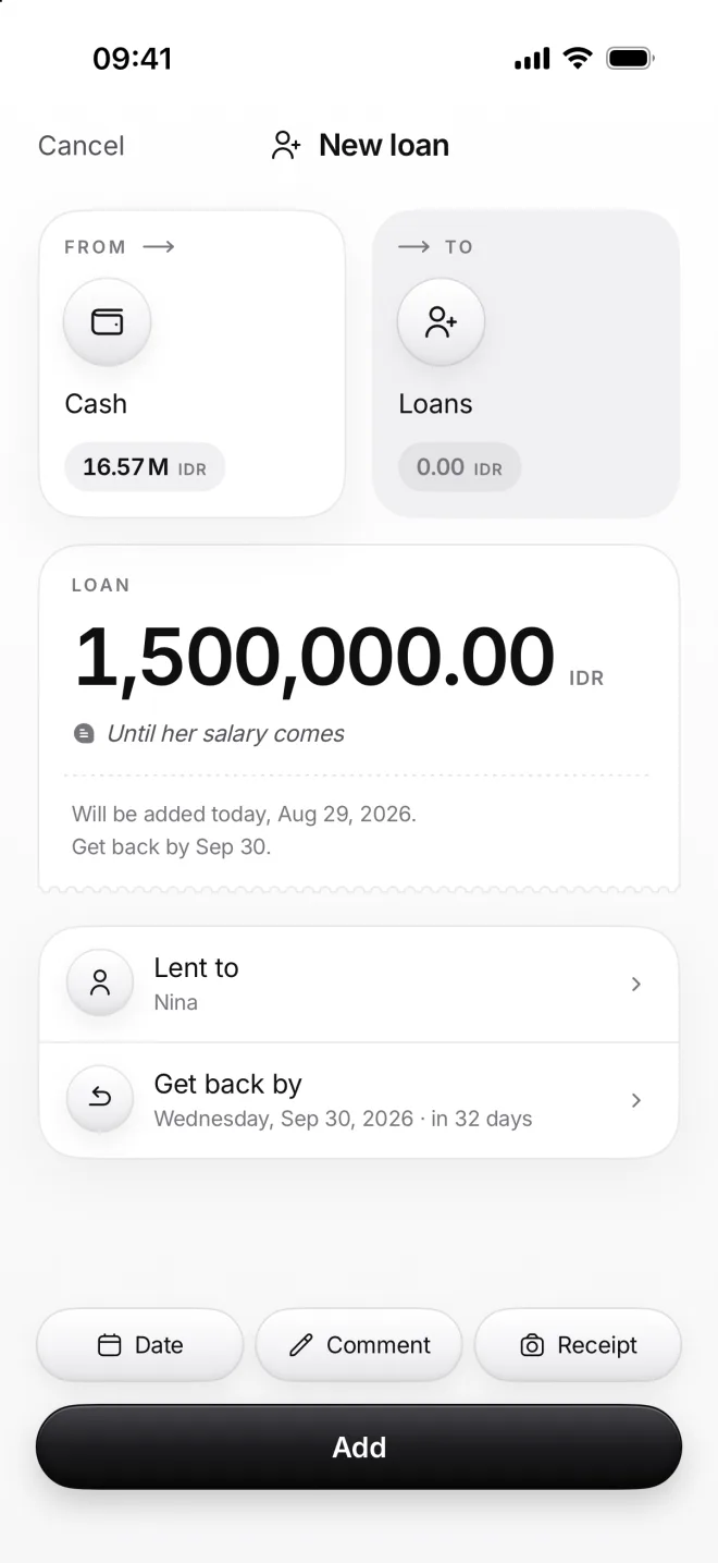 New loan from Cash to Loans: 1,500,000 rupiahs lent to Nina, get back by September 30