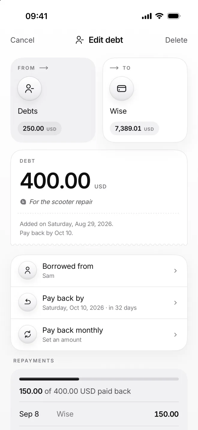 Edit debt for Sam: 400.00 dollars, Repayments with 150.00 of 400.00 USD paid back on September 8