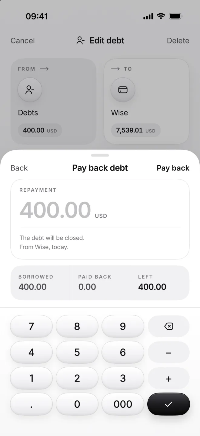 Pay back debt: 400.00 dollars left, borrowed 400.00, paid back 0.00, with moni’s calculator