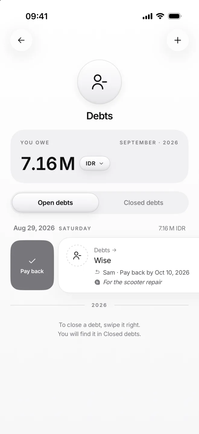The Debts page with Sam’s debt swiped right, showing Pay back