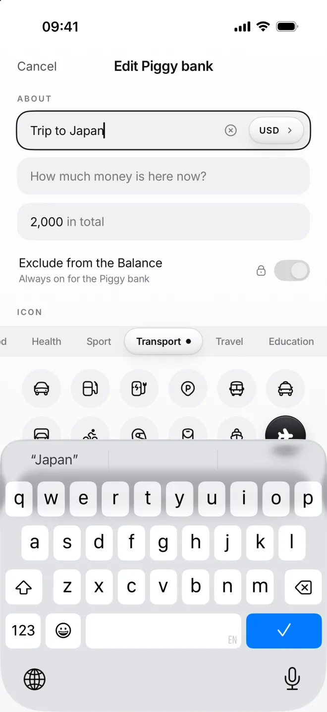 Edit Piggy bank: Trip to Japan in US dollars, 2,000 in total, the airplane icon