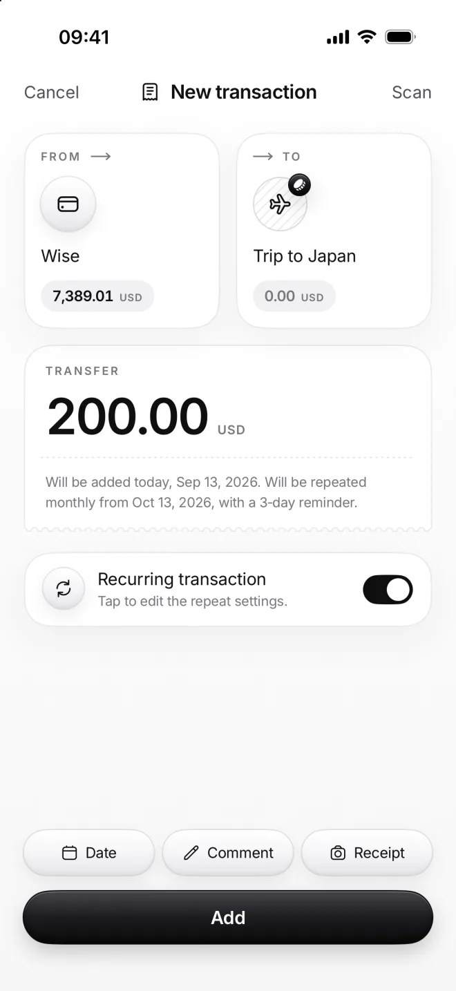 New transaction from Wise to Trip to Japan: 200.00 dollars, repeated monthly from October 13