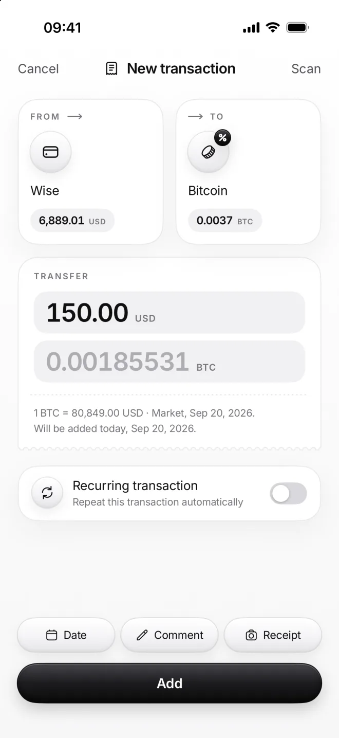 New transaction from Wise to Bitcoin: 150.00 dollars and the bitcoin amount at the day’s market price