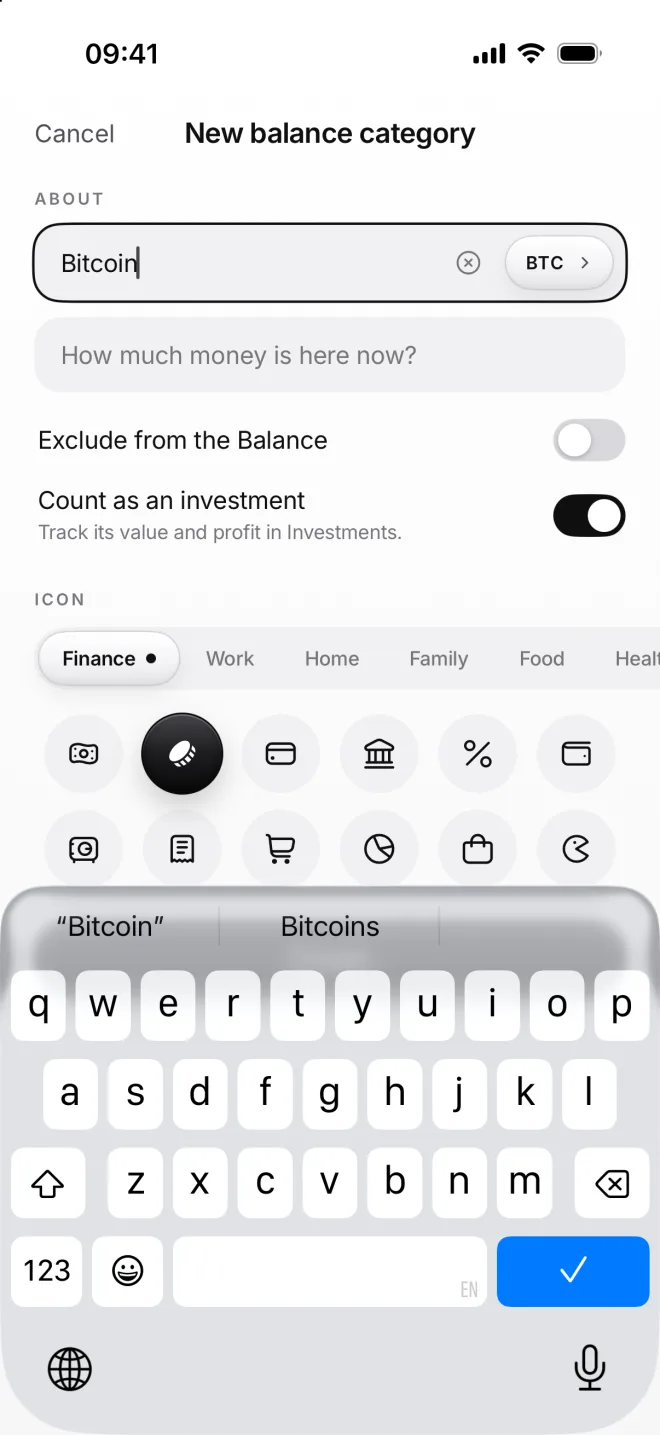 New balance category Bitcoin in BTC with Count as an investment turned on