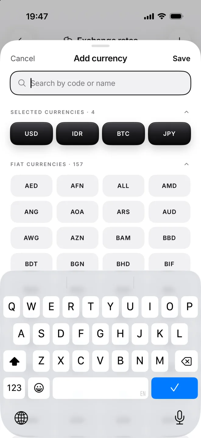 Add currency: USD, IDR, BTC and JPY selected, Save at the top